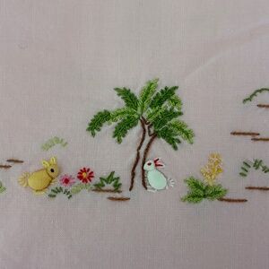 Vintage Embroidered Pink Cotton Crib Sheet Mountains, Bunnies, And Flowers